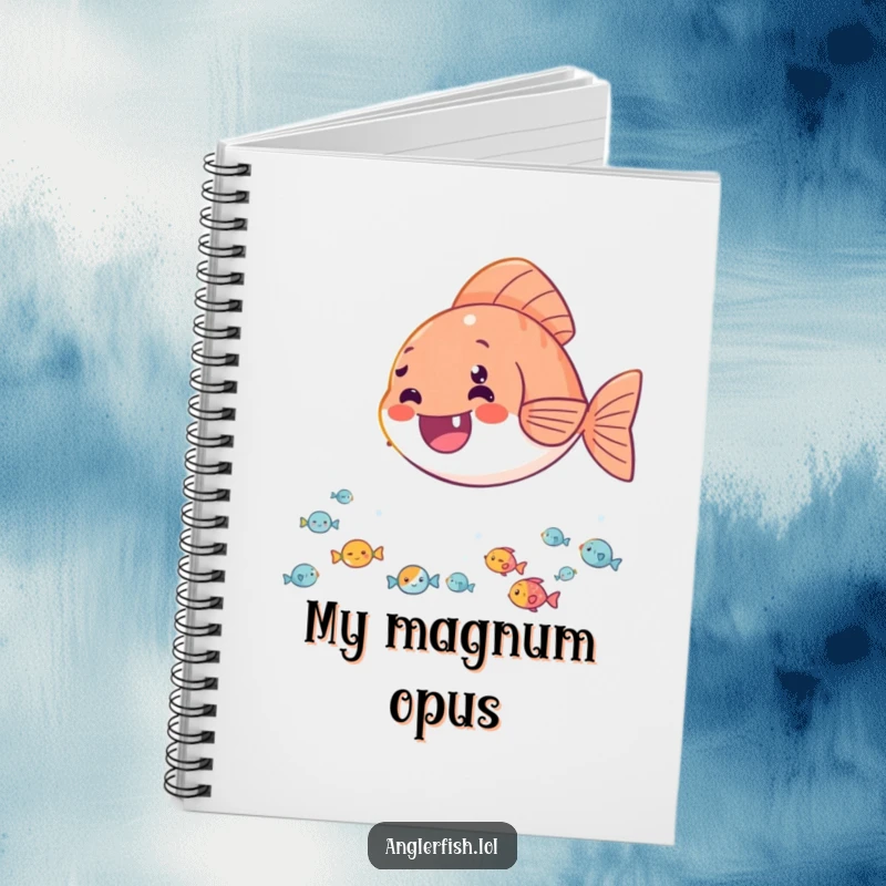 Funny notebook with a delighted anglerfish casting its light onto a happy audience of tiny fish, perfect for jotting down cheerful thoughts.