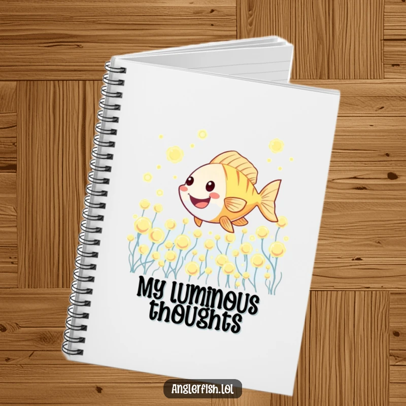 Funny Kawaii anglerfish notebook showing a cute anglerfish joyfully swimming through a field of glowing plankton.