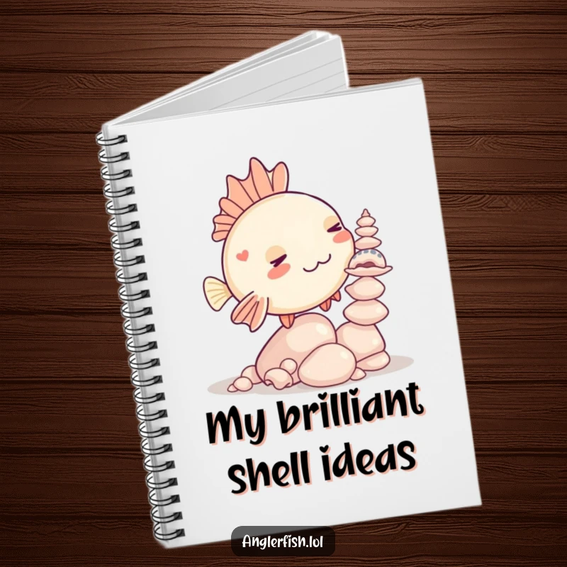 Funny Kawaii anglerfish notebook showing a cute anglerfish humorously balancing a stack of seashells on its head.