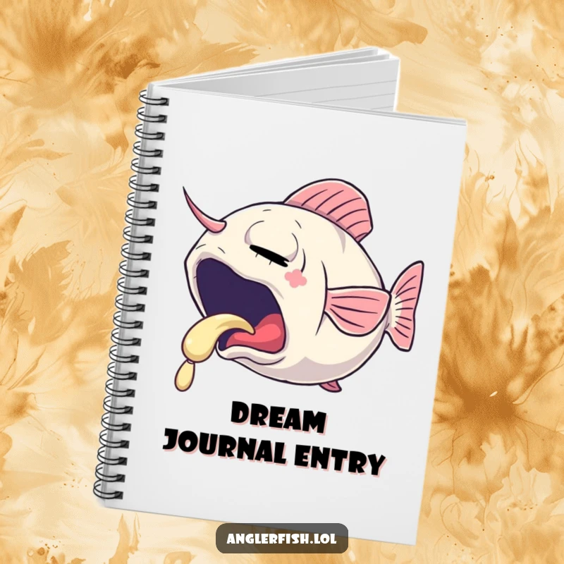 Funny notebook with a sleepy anglerfish yawning, its lure emitting a gentle, soft glow, perfect for jotting down calm thoughts.