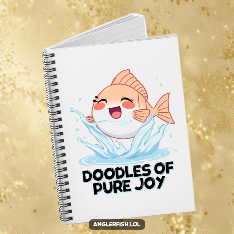 Funny tiny anglerfish notebook joyfully splashing water, perfect for jotting down happy thoughts.