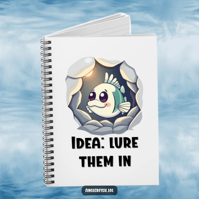 Funny Anglerfish Notebook with a curious anglerfish peeking from a shadowy cave, its light on, perfect for jotting down mysterious thoughts.