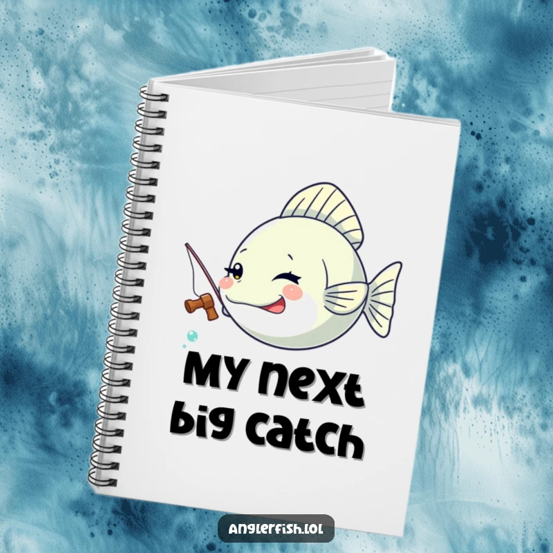 Funny Kawaii anglerfish notebook showing a cute anglerfish winking with a tiny fishing rod.