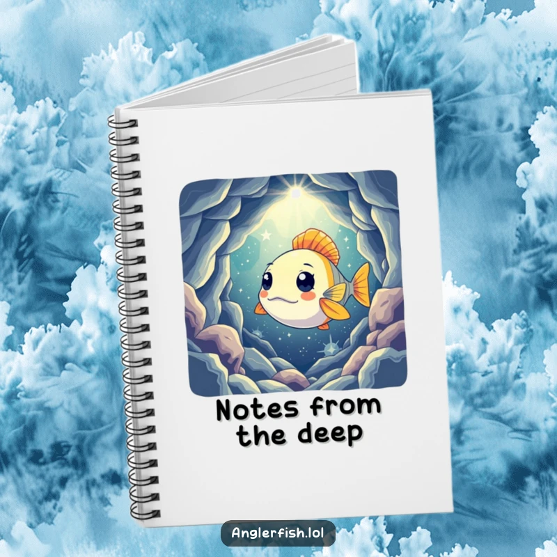 Funny notebook with a curious anglerfish shining its light into a mysterious, star-filled cavern, great for capturing creative thoughts.