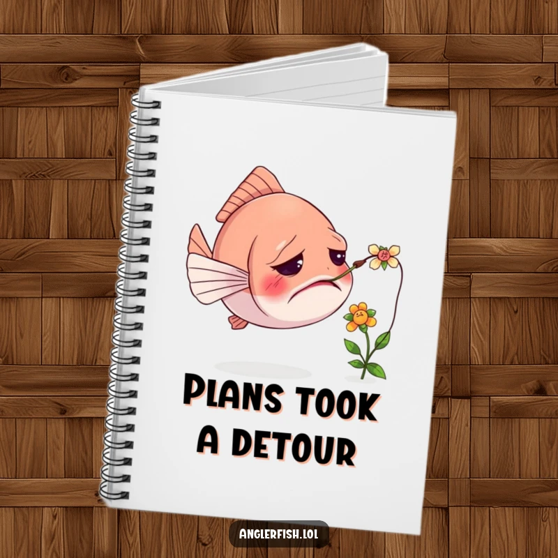 Funny notebook featuring a confused anglerfish with its lure tangled in a tiny flower, perfect for journaling chaotic ideas.