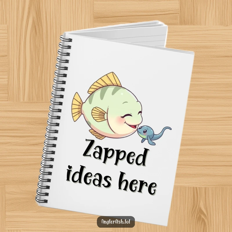 Funny anglerfish notebook showing a playful anglerfish gently nudging a small electric eel.
