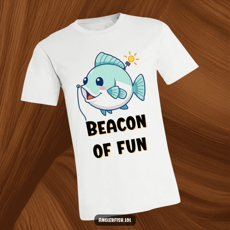 Funny t-shirt of a playful anglerfish using its lure like a whimsical guiding beacon, illuminating the path with humor.