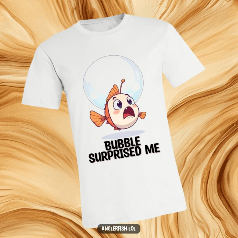 Funny anglerfish t-shirt featuring a surprised anglerfish looking at a large, friendly bubble floating past it.