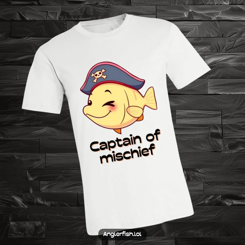 Funny anglerfish t-shirt with a tiny pirate hat and a playful wink, ready for treasure hunting.