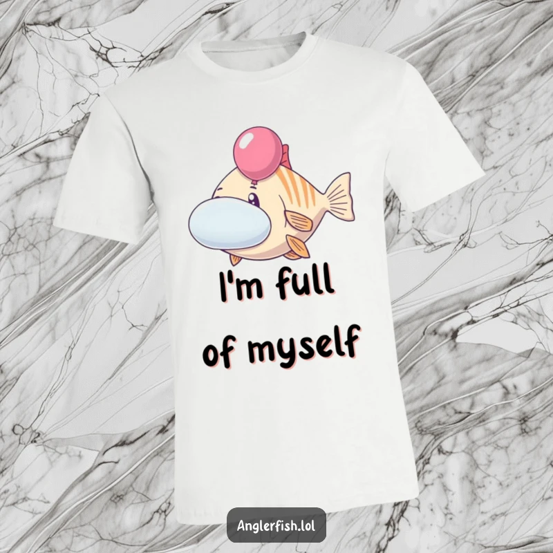 Funny anglerfish t-shirt with a cheerful creature inflating its cheeks like balloons. Humorous and whimsical ocean-themed apparel, perfect funny gift.
