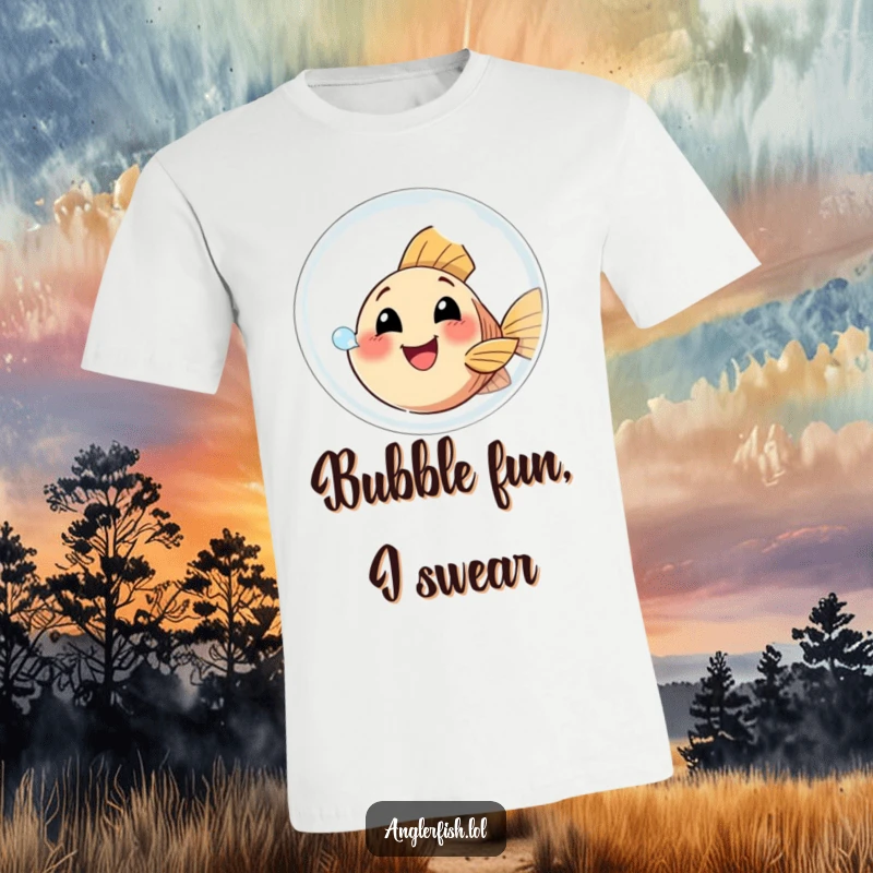 Funny Anglerfish T-Shirt showing a small anglerfish with a happy expression attempting to blow a giant bubble, perfect for cheerful vibes.