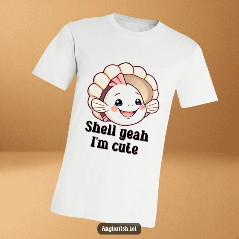 Funny anglerfish t-shirt featuring a smiling creature playfully peeking from behind a seashell. Unique and humorous ocean-themed apparel, great funny gift.