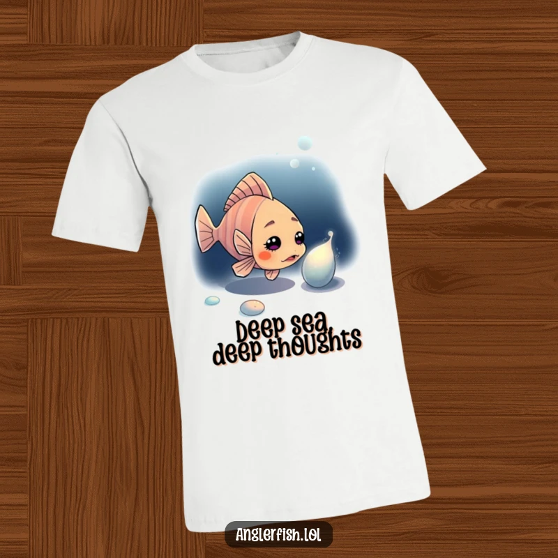 Funny anglerfish t-shirt featuring a curious anglerfish examining a glowing unknown object in the mysterious dark ocean.