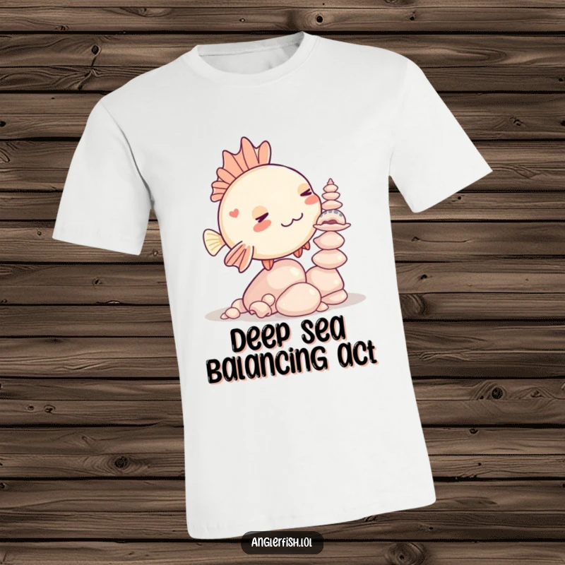 Funny Kawaii anglerfish t-shirt featuring a cute anglerfish humorously attempting to balance a stack of seashells.