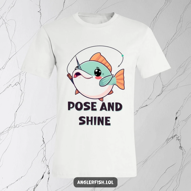 Funny Kawaii Anglerfish T-Shirt: Adorable anglerfish striking a dramatic, heroic pose with its glowing lure held high in the water.