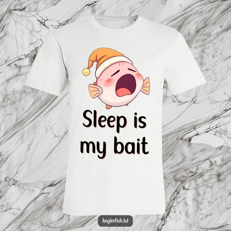 Funny Anglerfish T-Shirt showcasing a cute anglerfish yawning widely while wearing a tiny, glowing nightcap, expressing ultimate sleepiness.