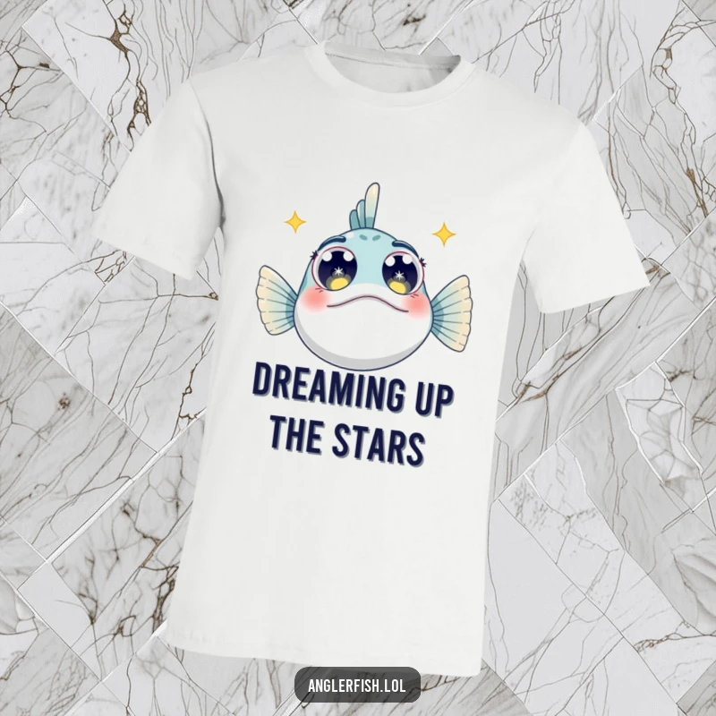 Funny Anglerfish T-Shirt: An anglerfish with wide, innocent eyes sparkling with a starry pattern, looking upwards in amazement.