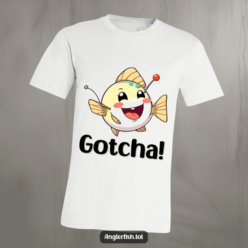 Funny anglerfish t-shirt depicting a cheerful creature bobbing with a twinkling, mischievous lure, embodying playful underwater fun.