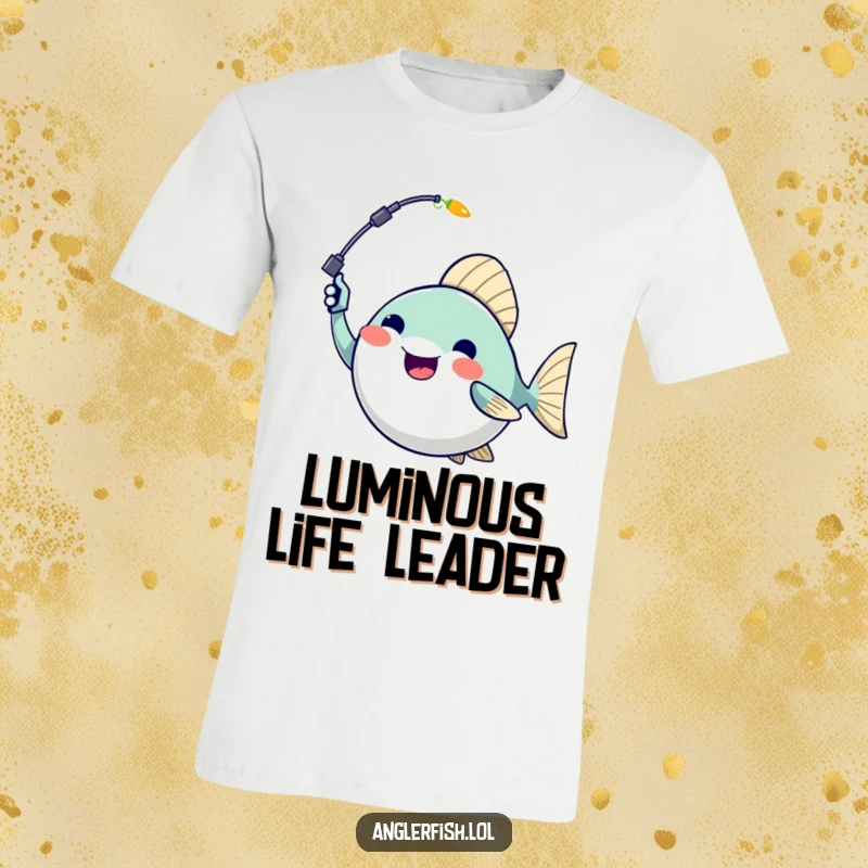 Funny anglerfish t-shirt with a glowing lure held high, radiating excitement and a love for fishing.