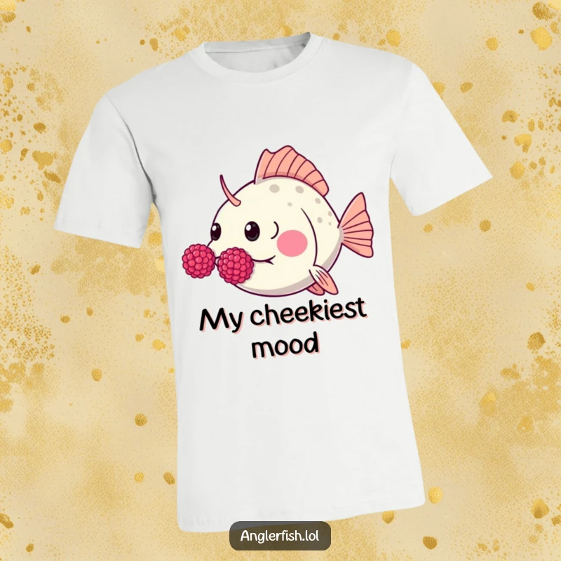 Funny Kawaii anglerfish t-shirt depicting a cute anglerfish humorously blowing raspberries with big, puffed cheeks.