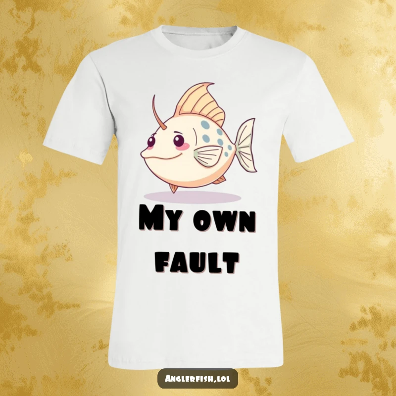 Funny Kawaii anglerfish t-shirt of a cute fish comically tripping and falling over its own large tail, very amusing.