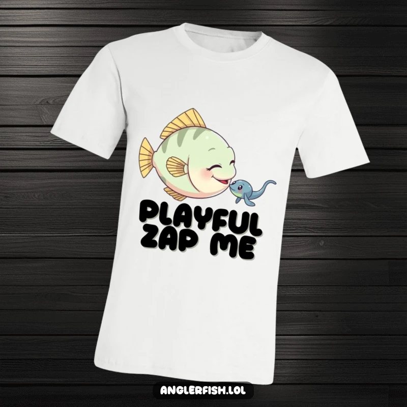Funny anglerfish t-shirt depicting a playful anglerfish gently nudging a small electric eel.