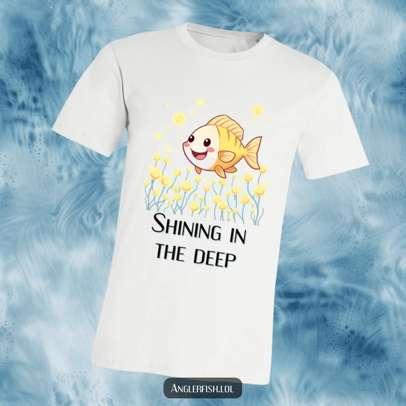 Funny Kawaii anglerfish t-shirt depicting a cute anglerfish swimming joyfully through a dazzling field of glowing plankton.