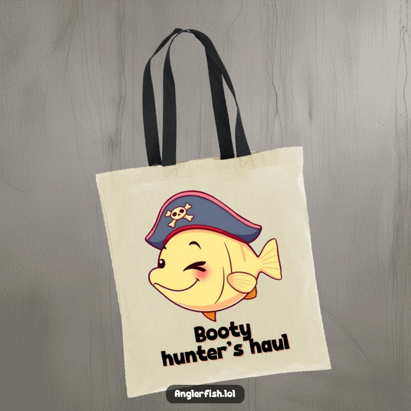 Funny anglerfish tote bag adorned with a tiny pirate hat and a playful wink, perfect for carrying loot.