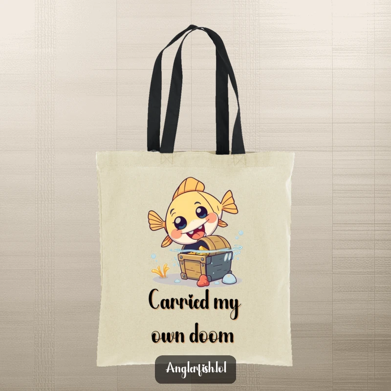Funny anglerfish tote bag depicting a clumsy anglerfish surprised by tripping over a treasure chest.
