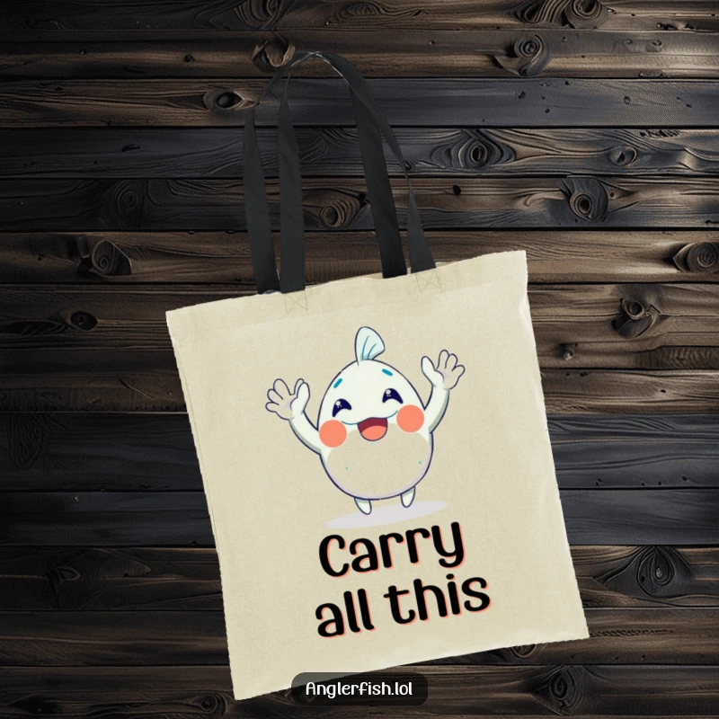 Funny Anglerfish Tote Bag: A cheerful anglerfish character enthusiastically waving both hands, perfect for carrying groceries and smiles.