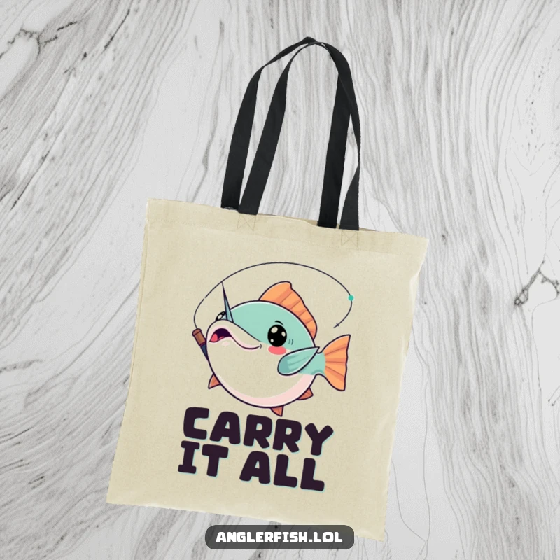 Funny Kawaii Anglerfish Tote Bag: Reusable bag with a cute anglerfish striking a dramatic pose, its lure held aloft.