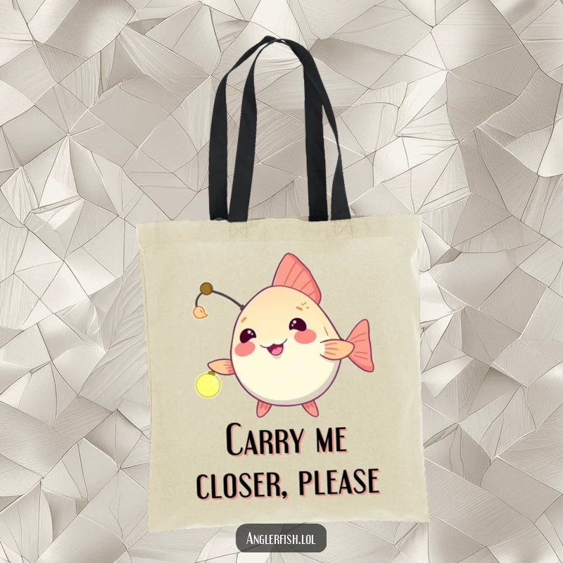 Funny anglerfish tote bag designed with a playful dangling light, beckoning an unseen friend closer with a humorous, inviting look.