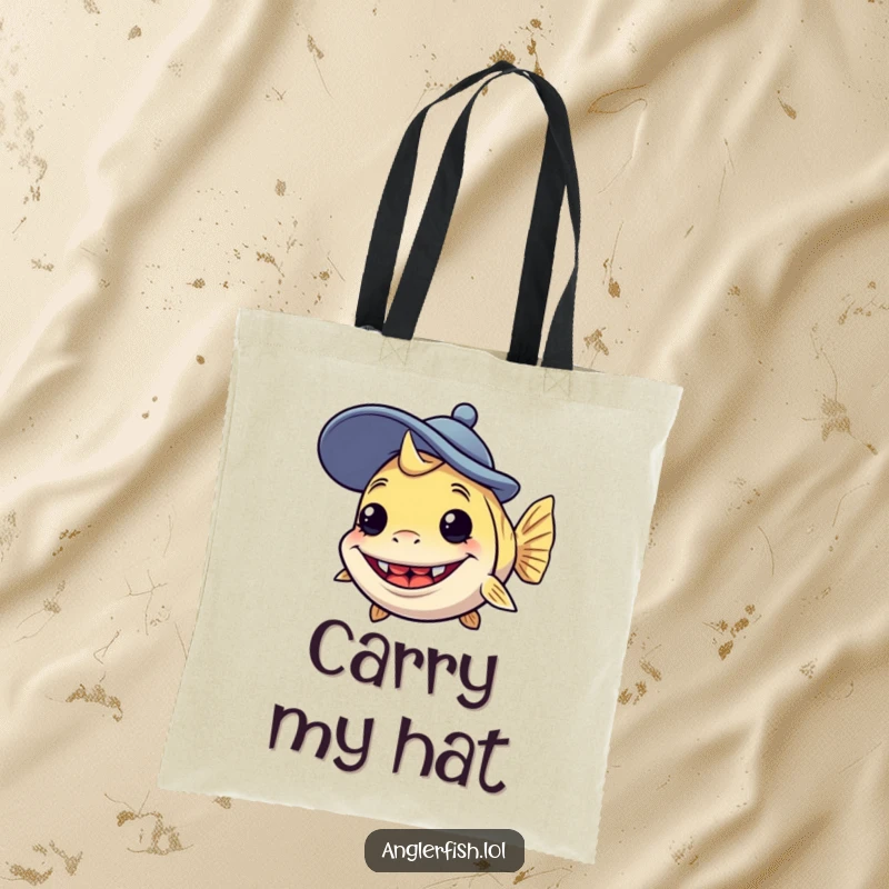 Funny anglerfish tote bag showing a creature with a silly grin wearing a comically large, goofy hat, a cheerful accessory.
