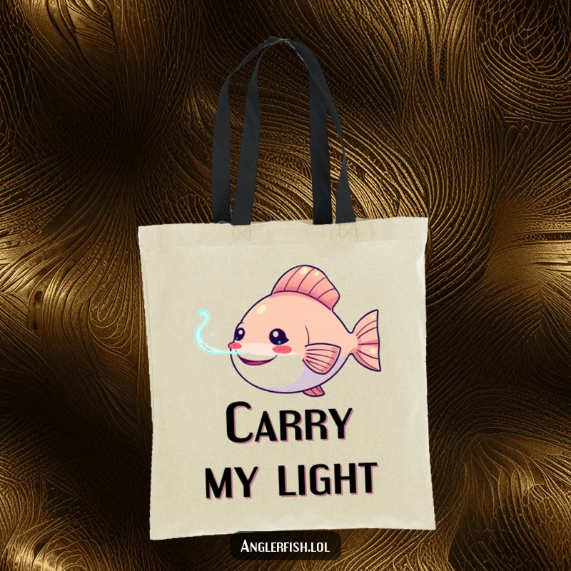 Funny Kawaii anglerfish tote bag with a happy anglerfish and its bioluminescent lure shining, ideal for shopping.