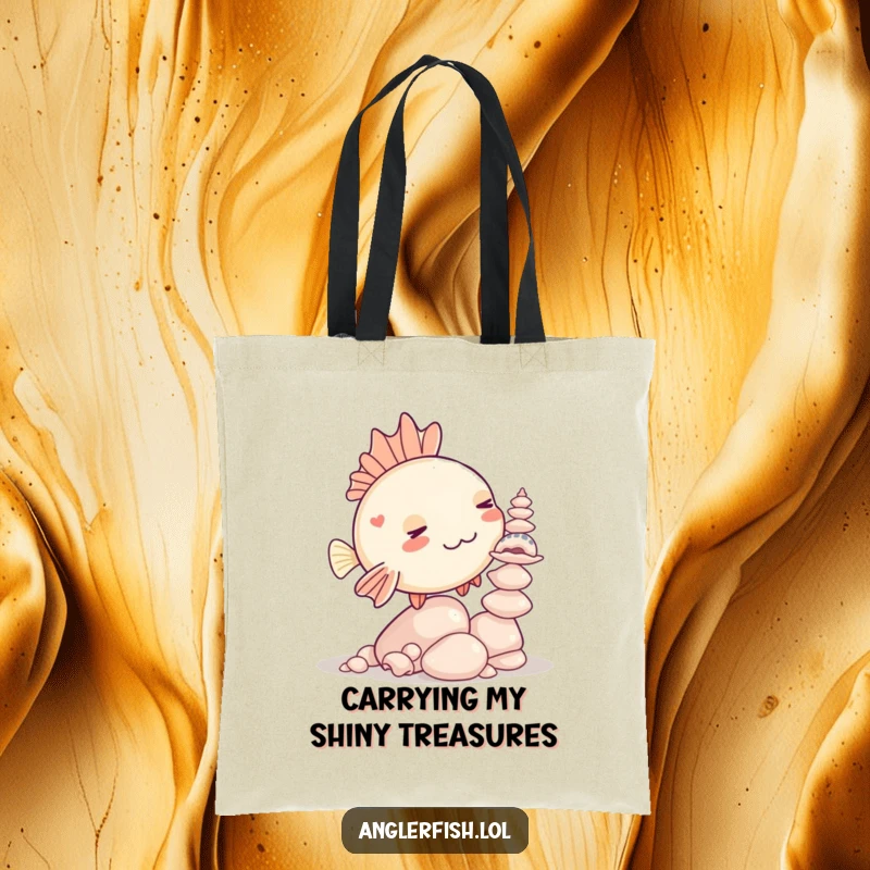 Funny Kawaii anglerfish tote bag with a cute anglerfish humorously trying to balance seashells on its head.