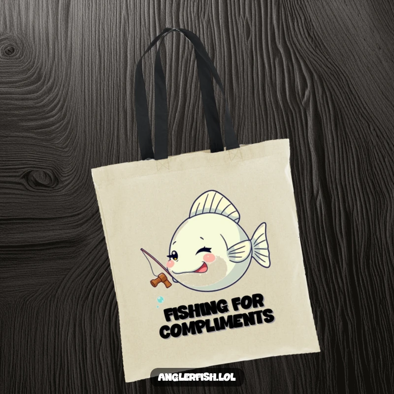Funny Kawaii anglerfish tote bag featuring a cute anglerfish winking with a tiny fishing rod.