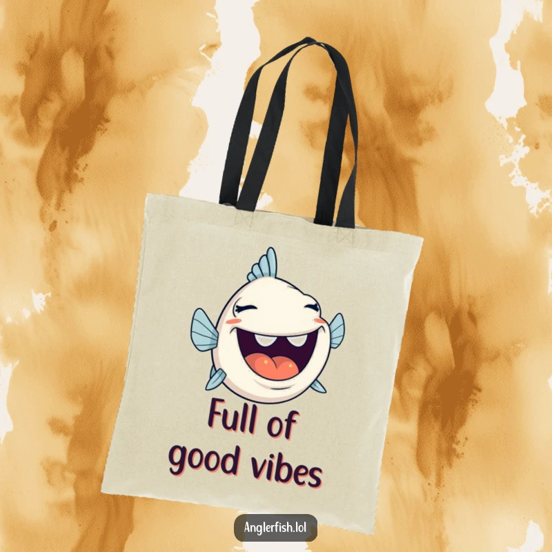 Funny anglerfish laughing with mouth wide open, on a stylish tote bag, perfect for carrying joy.
