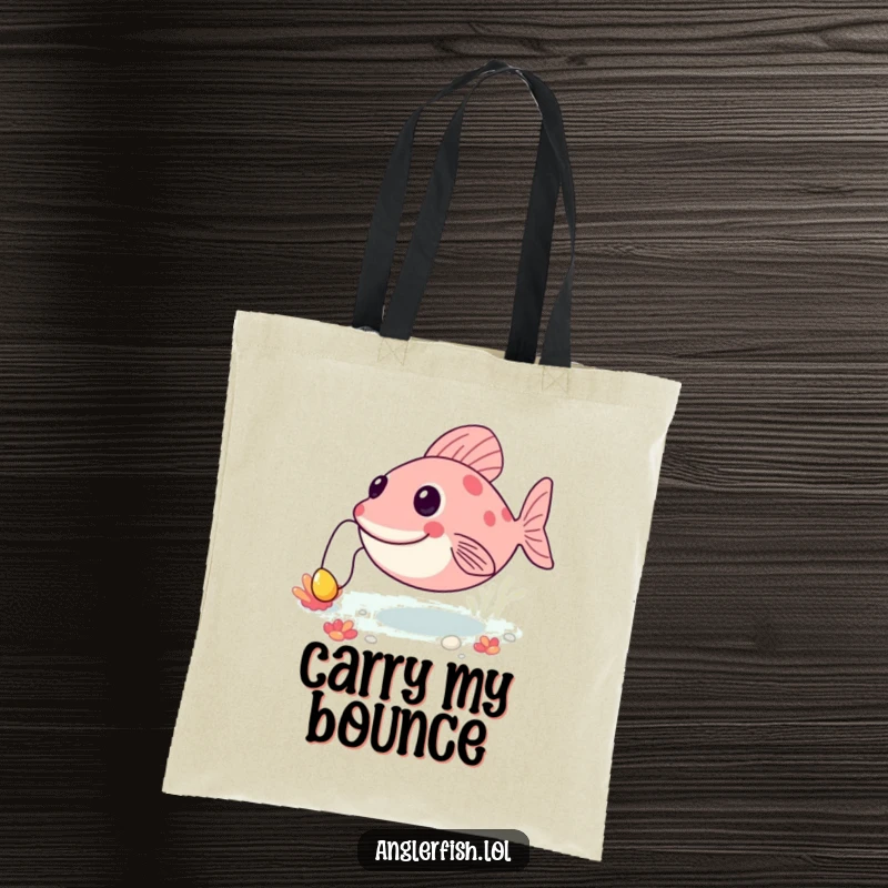 Funny anglerfish tote bag featuring a happy creature bouncing on the seabed, its lure bobbing, a cheerful and functional accessory.