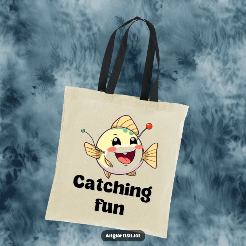 Funny anglerfish tote bag featuring a bobbing creature with a twinkling, mischievous lure, perfect for carrying essentials with playful energy.