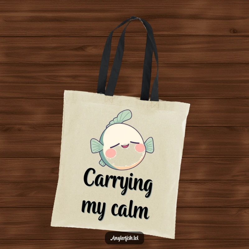 Funny anglerfish tote bag showing a sleepy anglerfish floating upside down with a contented smile.