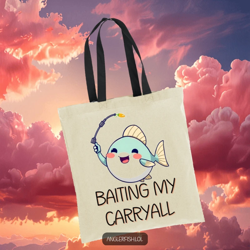 Funny anglerfish tote bag showcasing an excited anglerfish holding its glowing lure, ideal for humorous shopping.