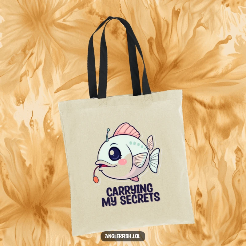 Funny anglerfish tote bag designed with a wink and a flickering lure, showing excited humor and a cheeky personality.