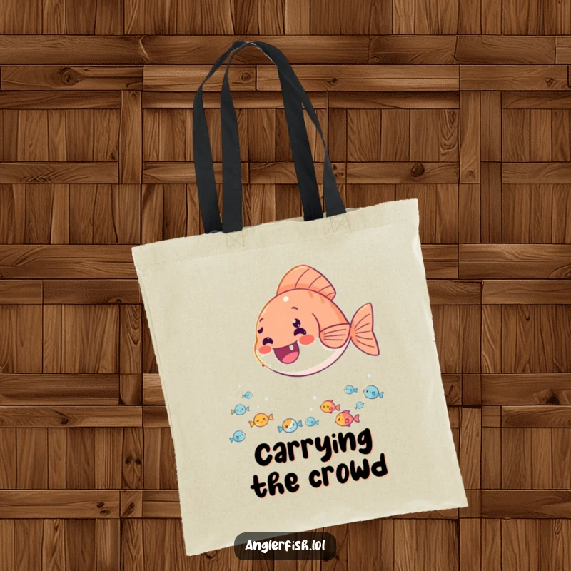 Funny tote bag depicting a delighted anglerfish casting its light onto a happy audience of tiny fish, perfect for cheerful errands.