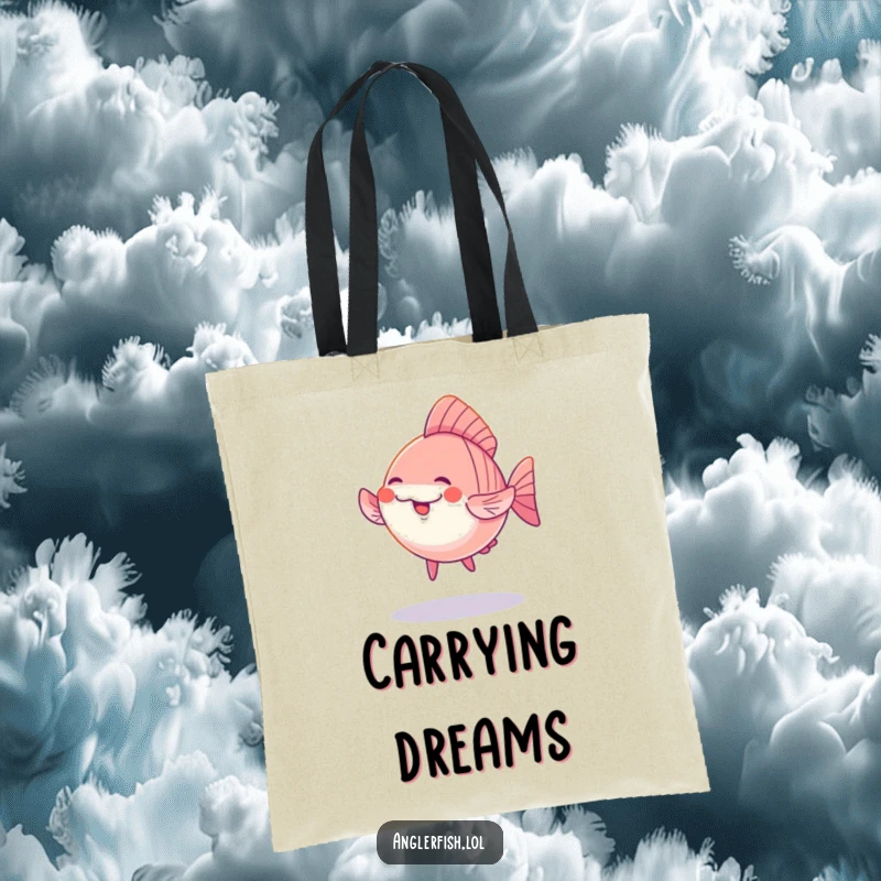 Funny Kawaii Anglerfish Tote Bag: A cute anglerfish performing a silly dance under a soft glow, perfect for carrying essentials with style.