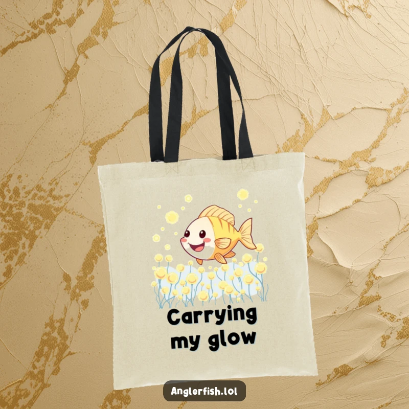 Funny Kawaii anglerfish tote bag with a cute anglerfish joyfully swimming through a field of glowing plankton.