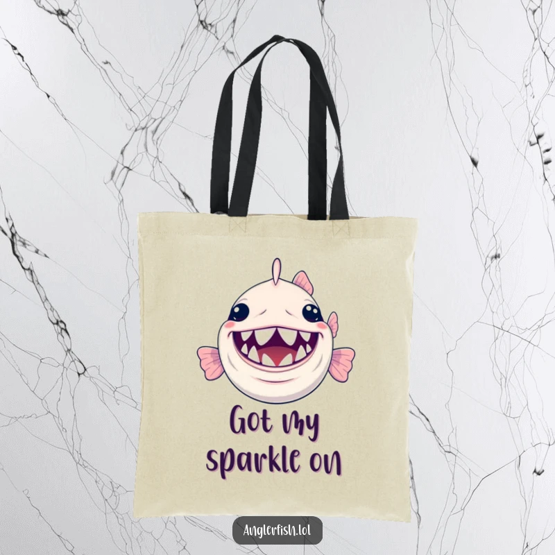 Funny Anglerfish Tote Bag: A tote bag showcasing a cheerful anglerfish with a massive smile and its array of tiny, shiny teeth.