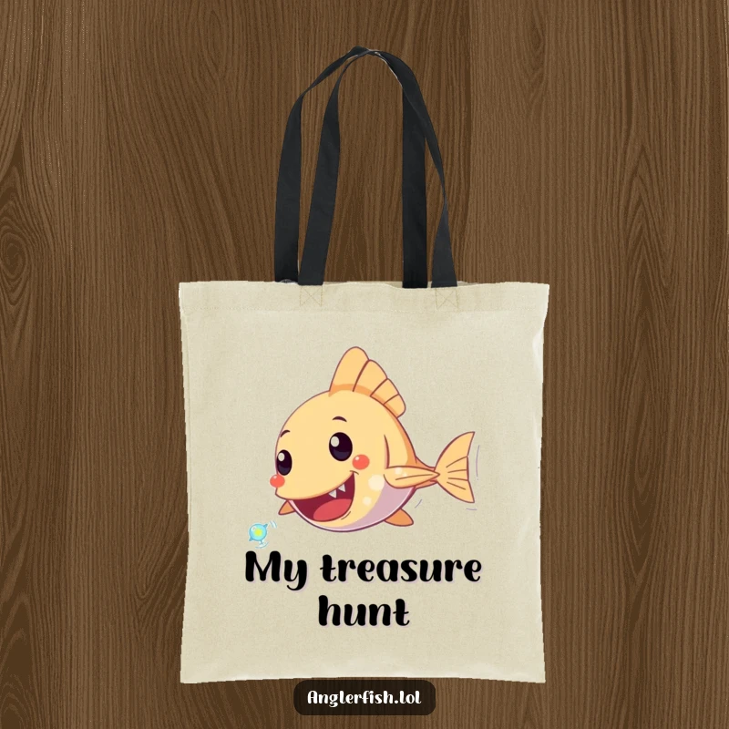 Funny Anglerfish Tote Bag featuring an anglerfish character enthusiastically chasing a sparkling plankton, ideal for carrying essentials with humor.