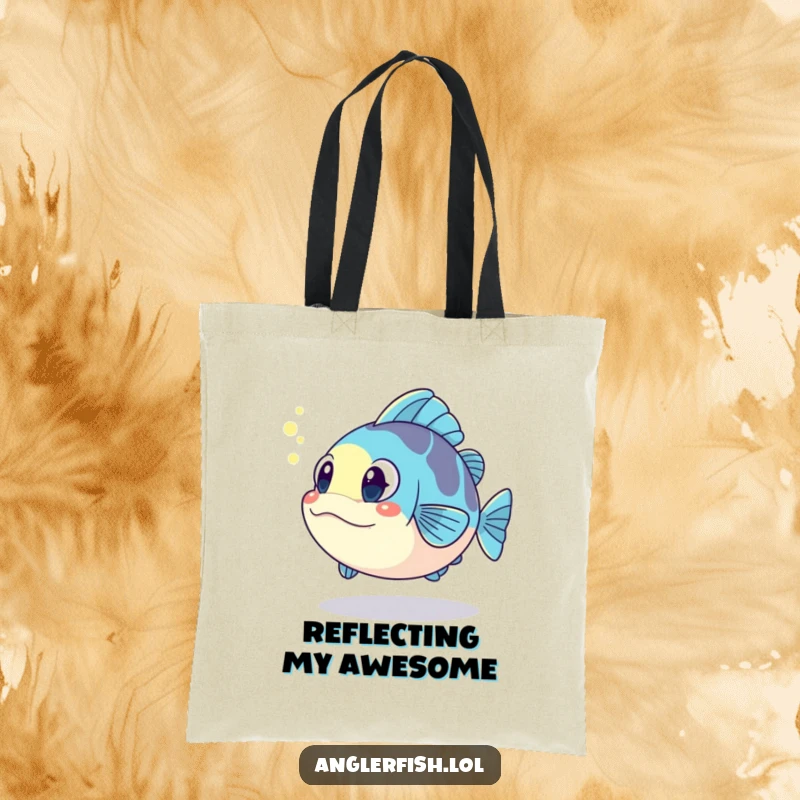 Funny kawaii anglerfish tote bag, surprised by its own glowing reflection, a fun and funny gift for shoppers.
