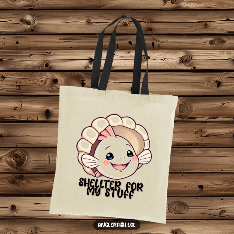 Funny anglerfish tote bag featuring a smiling creature playfully peeking from behind a seashell. Humorous and practical ocean-themed accessory, great funny gift.