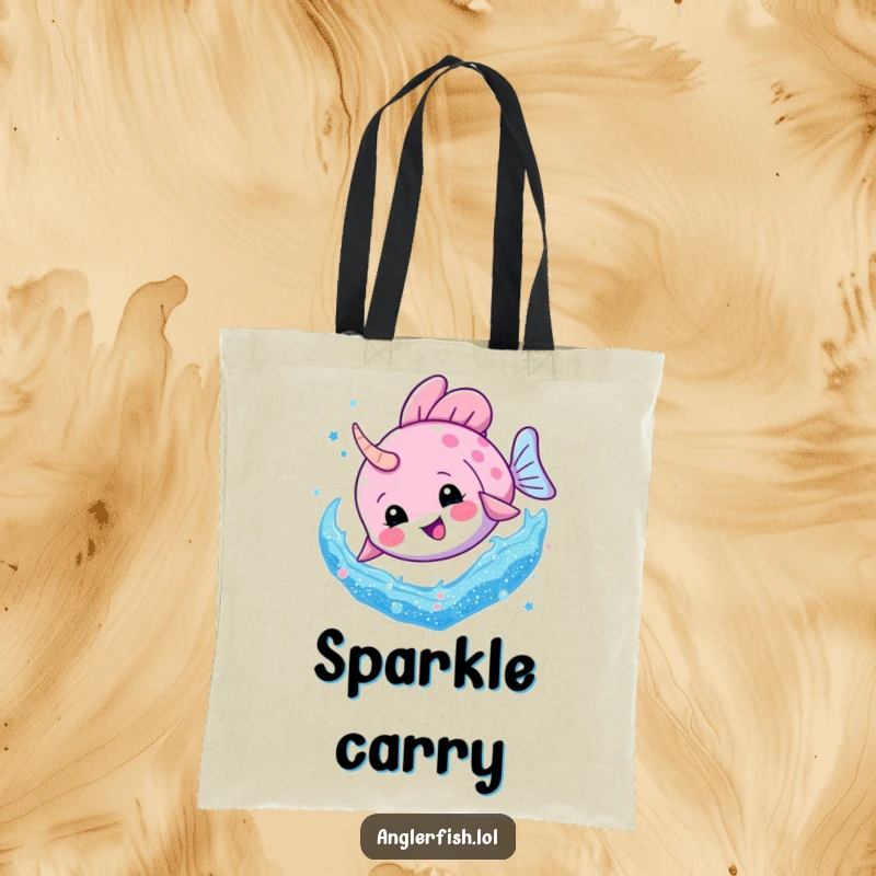 Funny Anglerfish Glitter Dive Tote Bag: An anglerfish enthusiastically dives into a swirling vortex of glitter, perfect for stylish carrying.